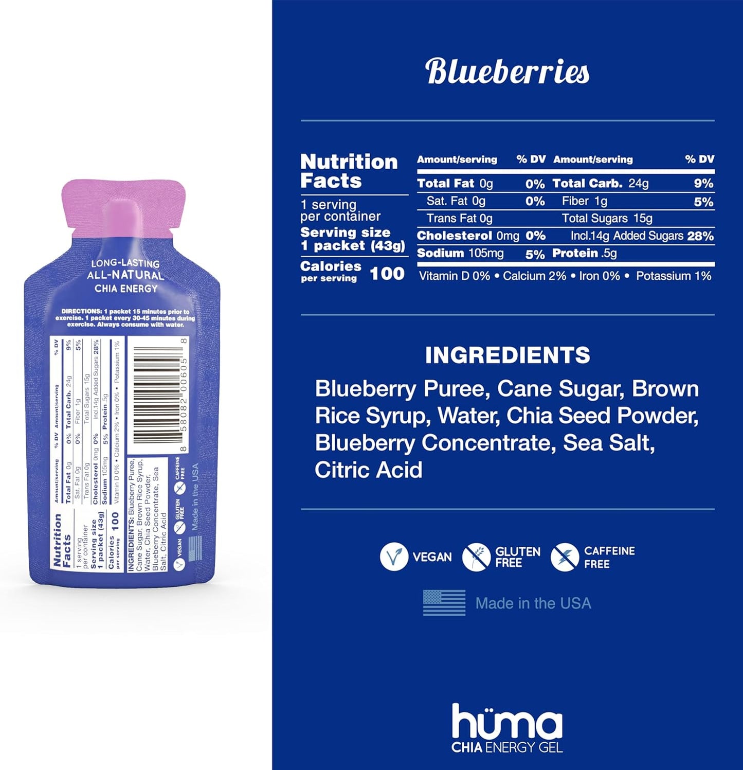 Huma Chia Energy Gel, Blueberries, 12 Gels - Premier Sports Nutrition for Endurance Exercise